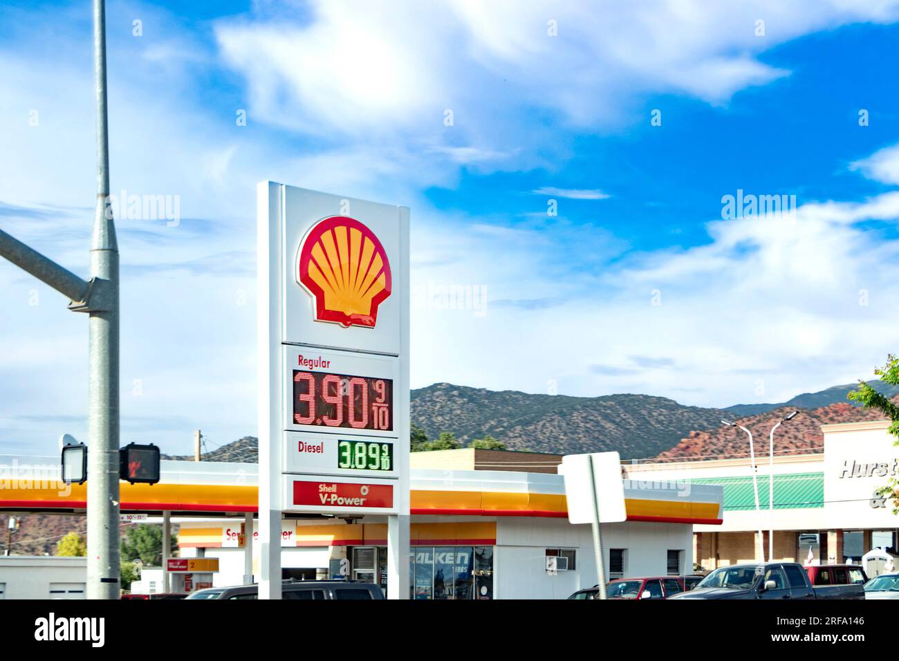 shell price sign above gas station in cedar city nevada usa, showing