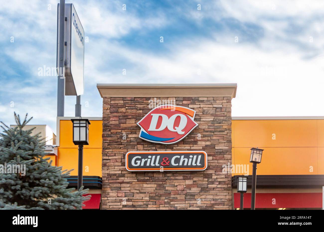 Dairy Queen DQ grill & Chill sign for fast food restaurant in cedar