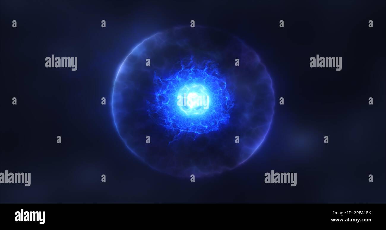 Abstract sphere atom with electrons flying glowing bright particles and ...