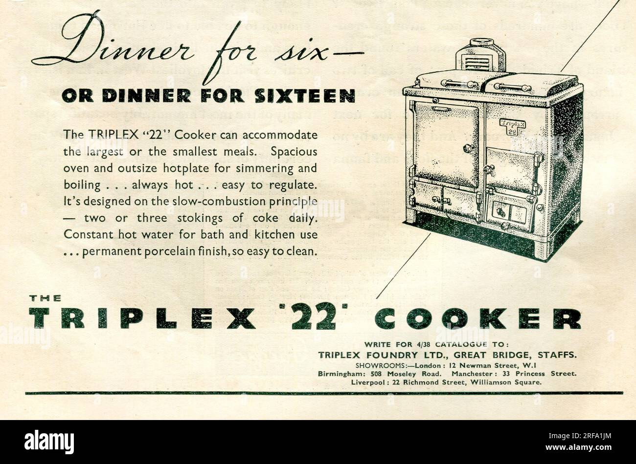 A 1938 historical magazine advertisement for the coal burning Triplex 22 Cooker oven built and sold by the Triplex Foundry Limited in Birmingham, England Stock Photo