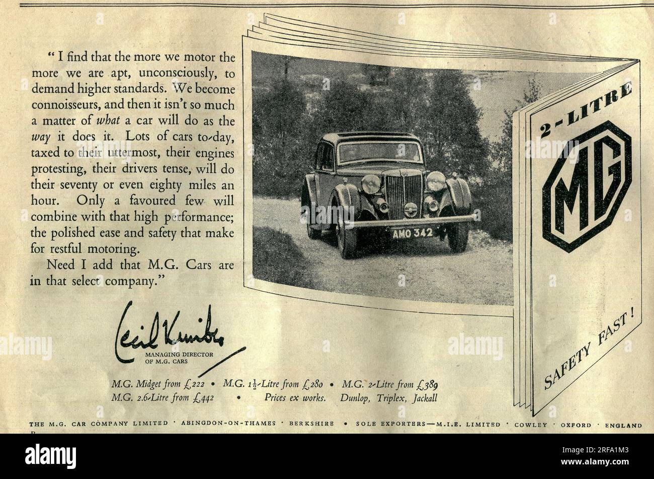 A 1938 historical magazine advertisement for MG motor cars signed by Cecil Kimble including the MG 2 Litre Stock Photo