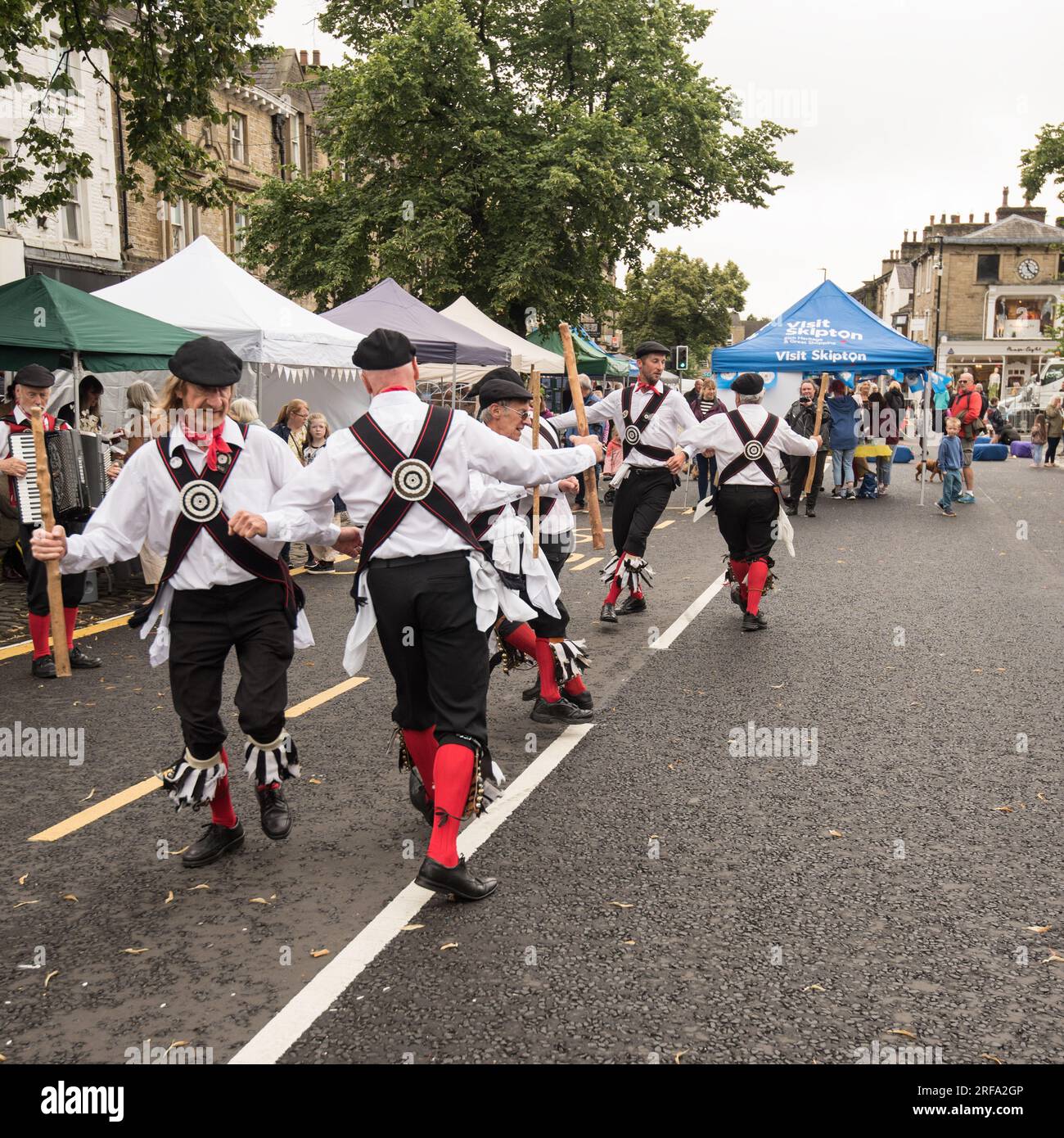 'Great Yorkshire Morris', a Yorkshire morris side, performed at the Yorkshire Day celebrations held on Skipton High St 1st August 2023. Stock Photo