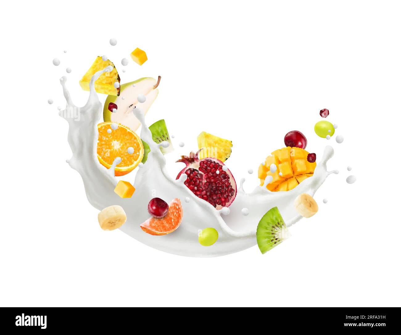 Realistic milk wave splash, fruits in milky drink, milkshake or yogurt
