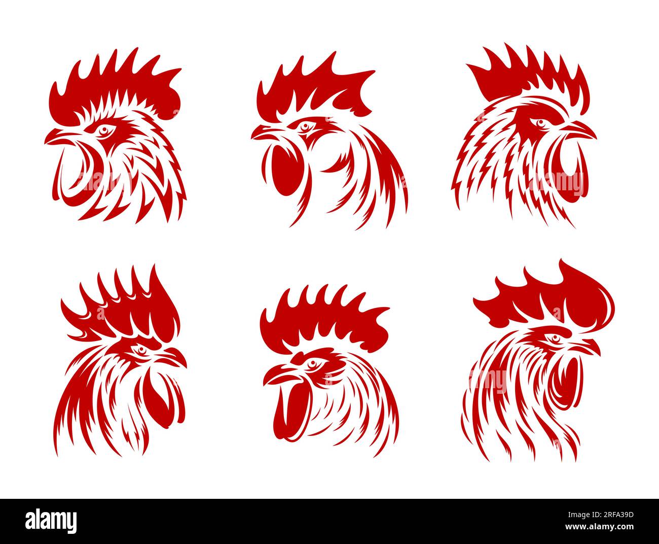 Red rooster, cockerel or cock head vector silhouettes of farm animals
