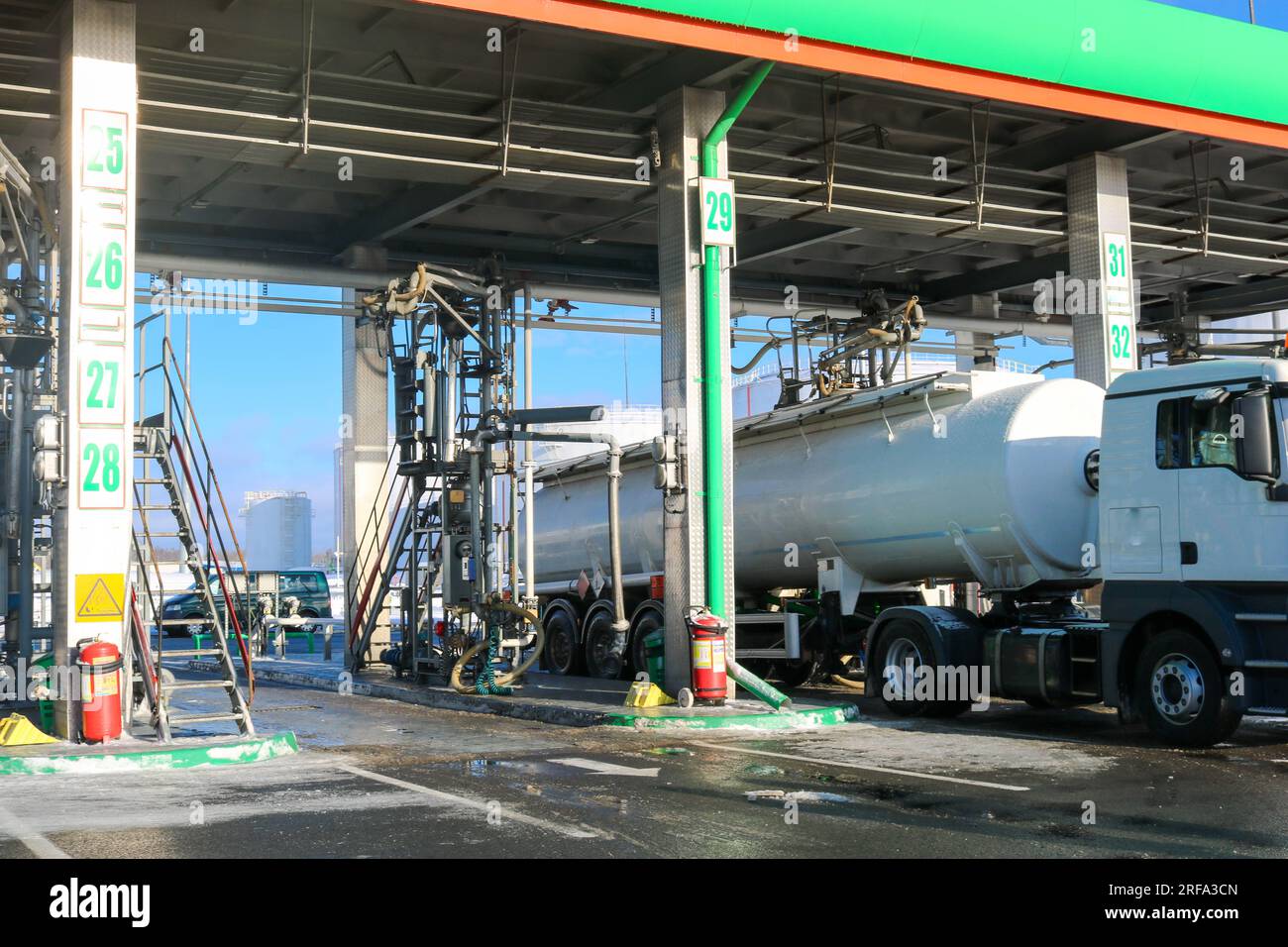 Large green industrial gas station for refueling vehicles, trucks and