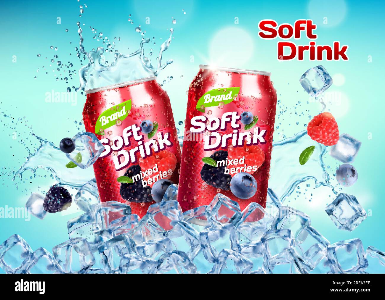 Wild berries mix tea drink can, splash and ice cubes in water splash
