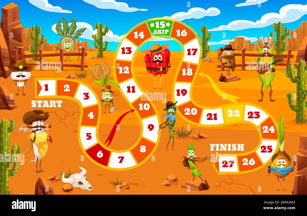 Kids step board game, cartoon cowboy, sheriff and robber vegetable