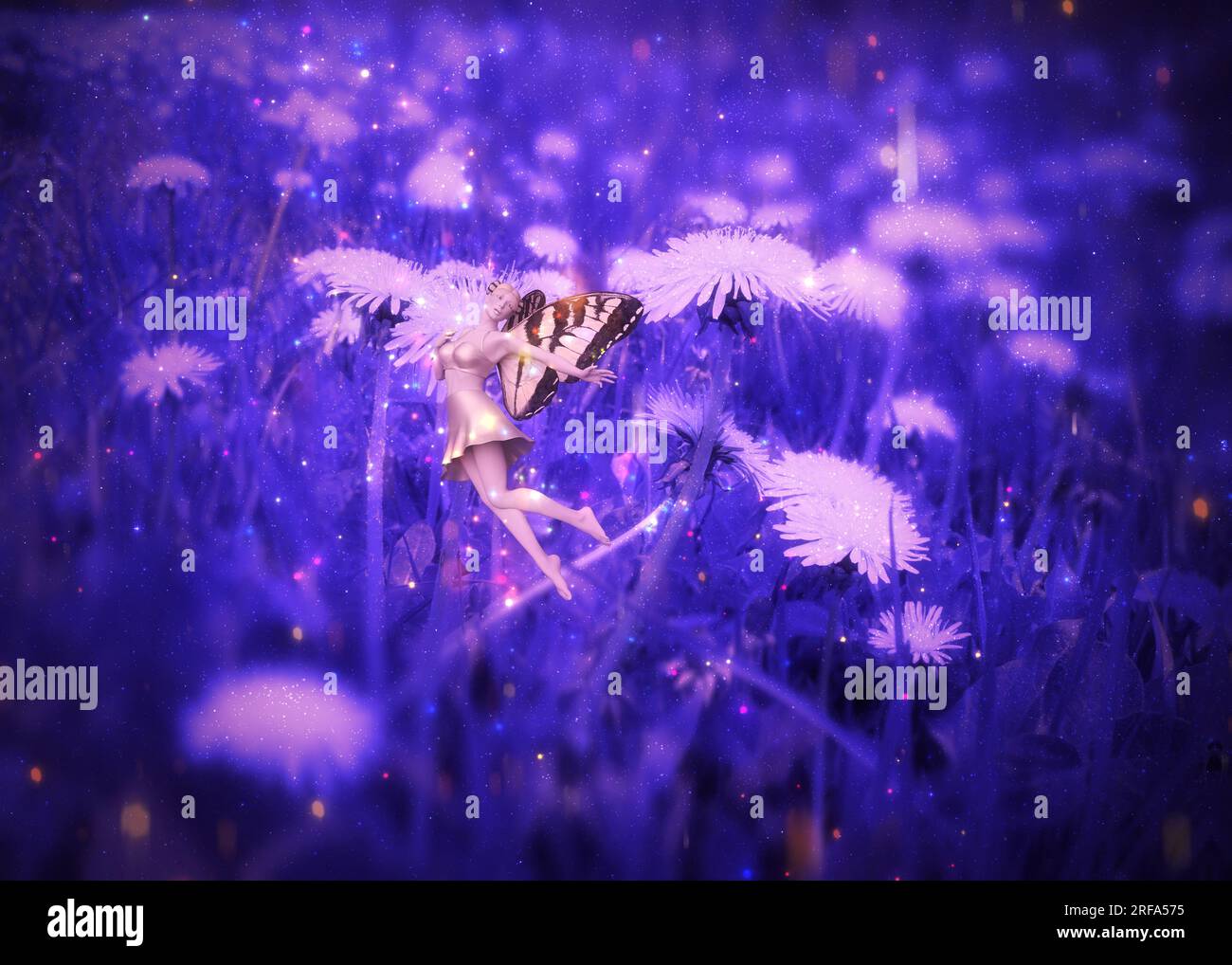Abstract dandelion flowers in purple grass and 3D fairy girl, photo manipulation, illustration. Stock Photo