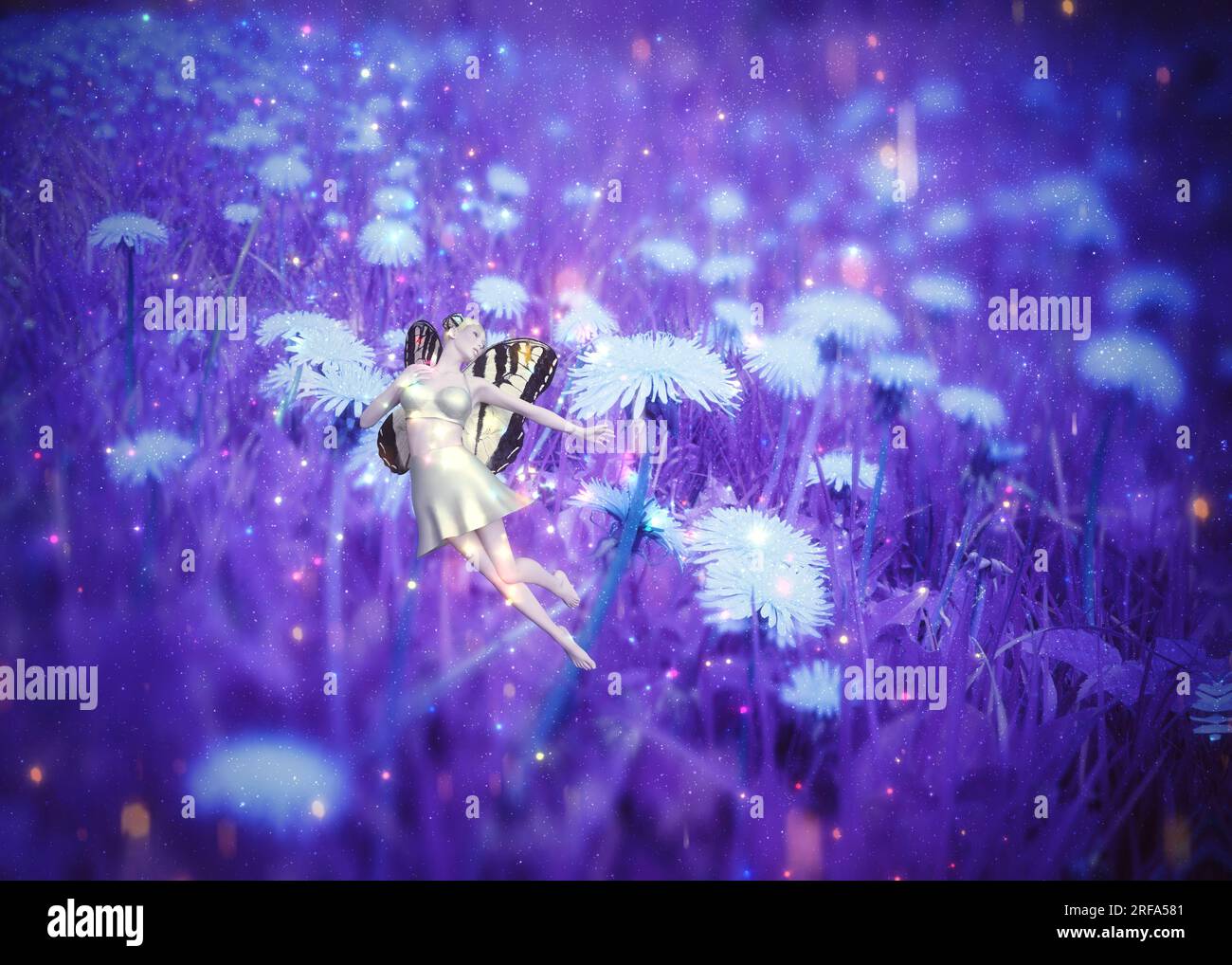 Abstract dandelion flowers in purple grass and 3D fairy girl, photo manipulation, illustration. Stock Photo