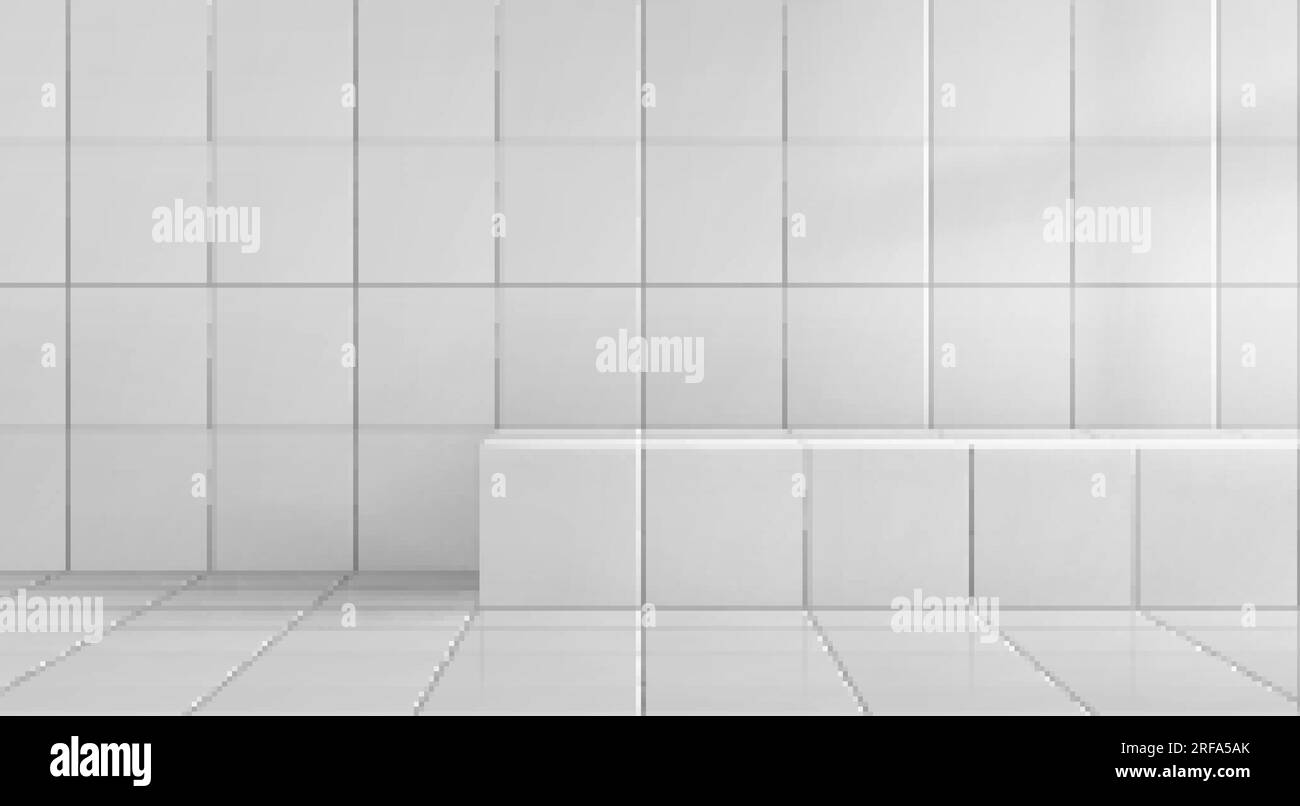 White ceramic tiles on wall and floor. Vector realistic illustration of