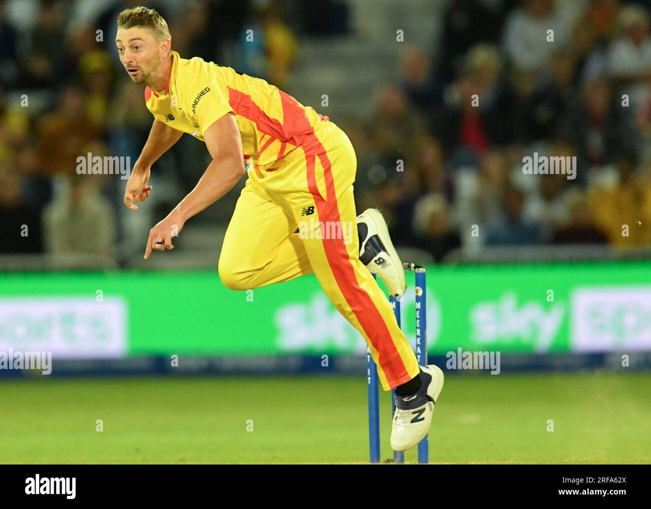 01 August 2023 - Trent Bridge Cricket Ground, Nottingham.  Event: The 100 Double Header (Mens and Women’s): Trent Rockets v Southern Brave.  Caption: Daniel Sams (Trent Rockets) bowls and seals a win for Trent Rockets.  Picture: Mark Dunn/Alamy Live News (Sports) Stock Photo