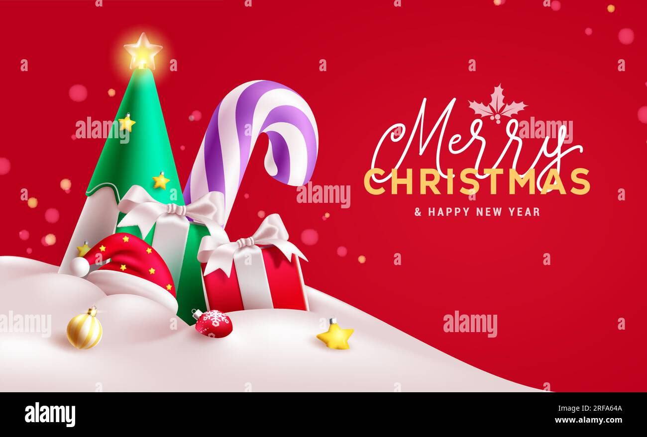Merry christmas text vector design. Christmas ornaments and elements like pine tree, candy cane, santa hat and gift boxes in snow frost outdoor. Stock Vector