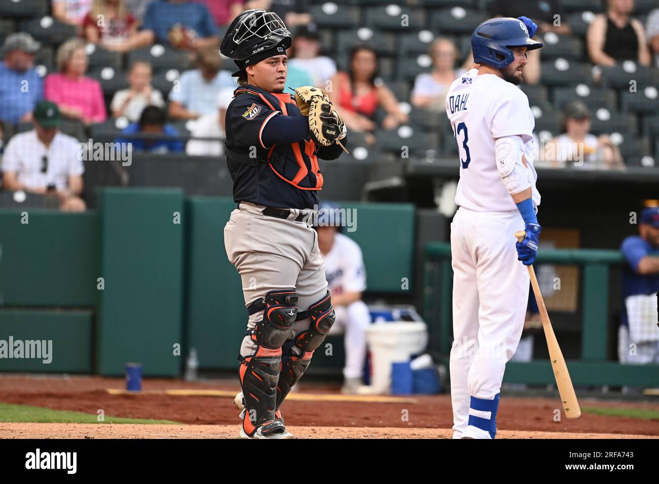 Catcher Yohel Pozo (6) of the Las Vegas Aviators stands behind home plate  waiting for the next batter in the game against the Oklahoma City Dodgers  on June 20, 2023 at Chickasaw