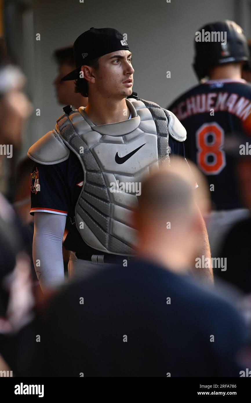Catcher Tyler Soderstrom (21) of the Las Vegas Aviators in the dugout  during the game against the Oklahoma City Dodgers on June 21, 2023 at  Chickasaw Bricktown Ballpark in Oklahoma City, Oklahoma. (
