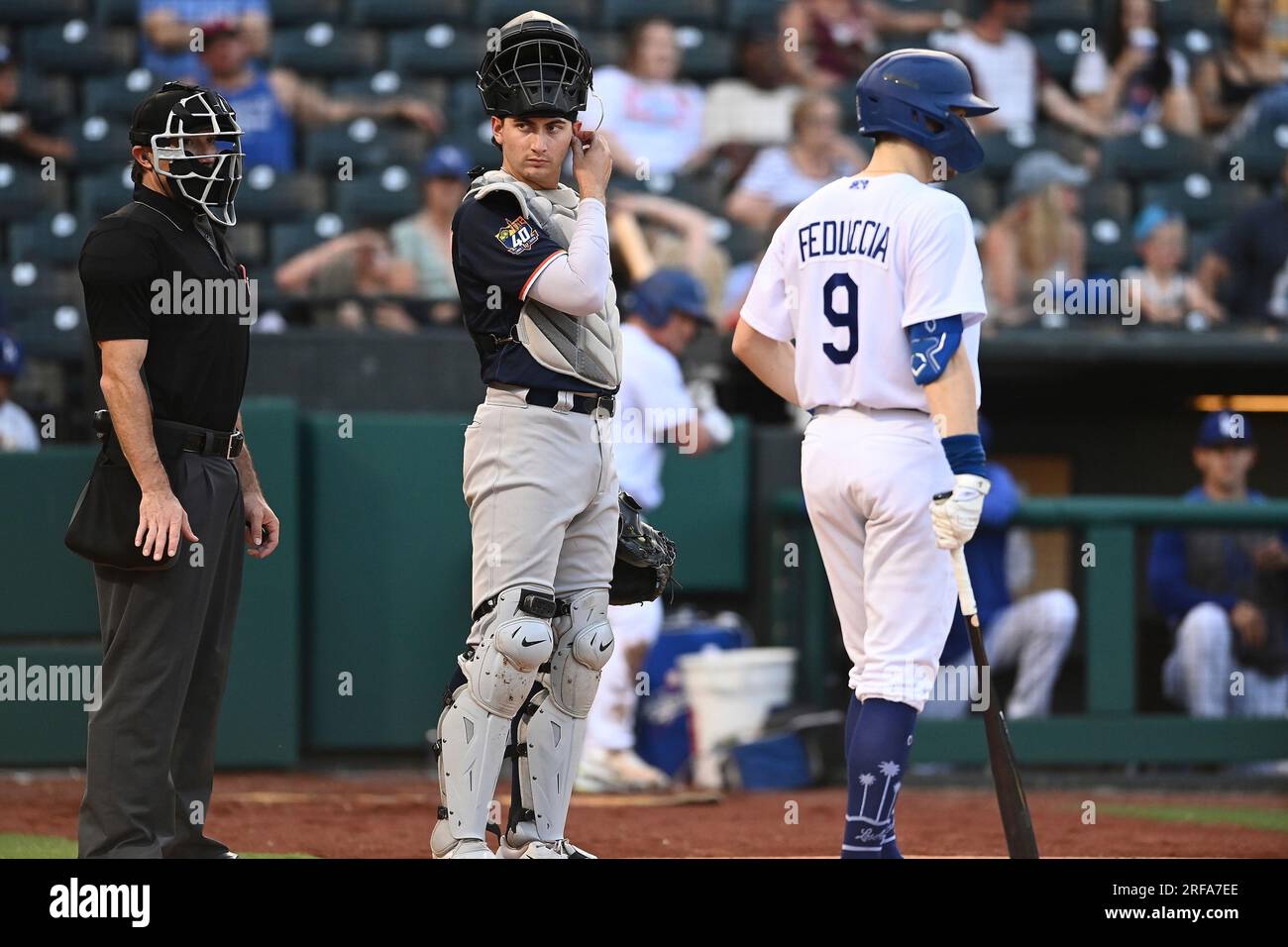 Catcher Tyler Soderstrom (21) of the Las Vegas Aviators stands behind home  plate waiting for the start of the inning in the game against the Oklahoma  City Dodgers on June 21, 2023