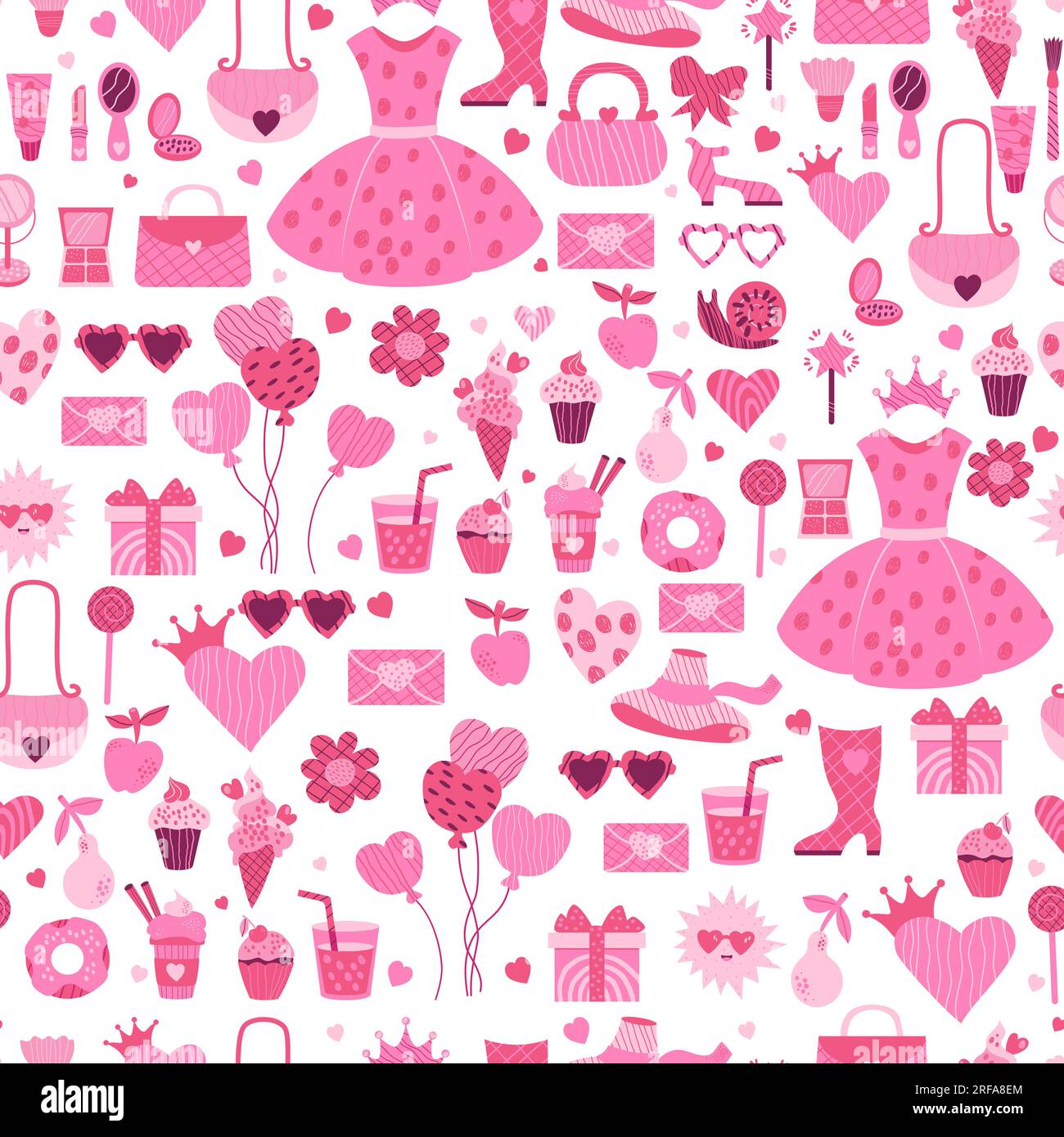 Barbiecore pink doll aesthetic seamless pattern. Glamorous trendy fashion  accessories, clothes, handbags, sweet food, gifts, flowers on white  backgrou Stock Vector Image & Art - Alamy