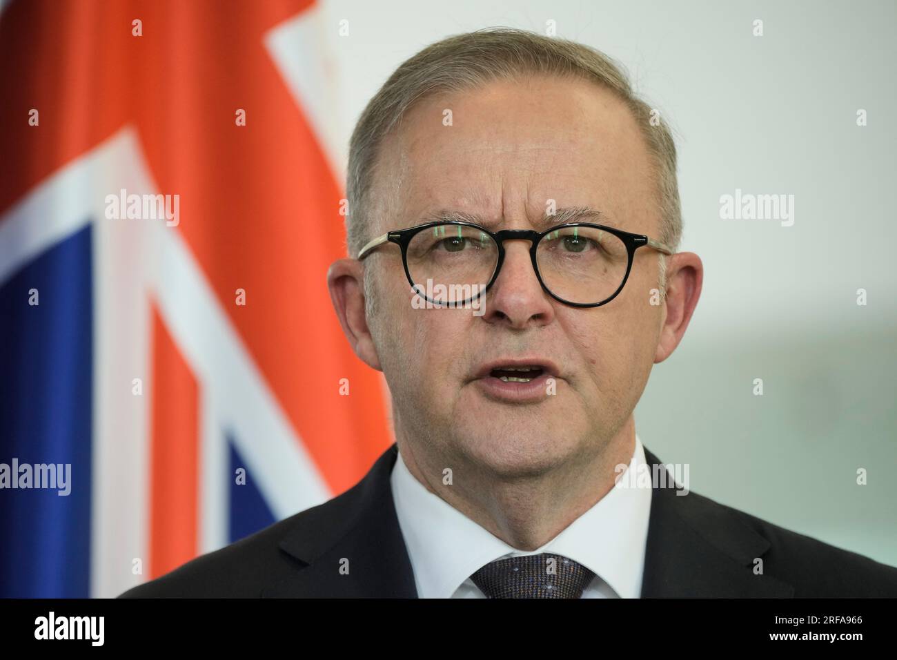 FILE - Australian Prime Minister Anthony Albanese briefs the media during a  joint news conference with German Chancellor Olaf Scholz after a meeting at  the chancellery in Berlin, Germany, Monday, July 10,