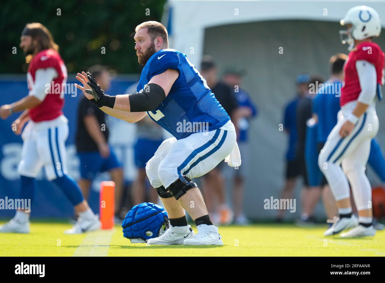 Indianapolis Colts center Wesley French (62) talks with quarterback Sam  Ehlinger (4) during an NFL preseason football game, Saturday, Aug. 12,  2023, in Orchard Park, N.Y. (AP Photo/Charles Krupa Stock Photo - Alamy