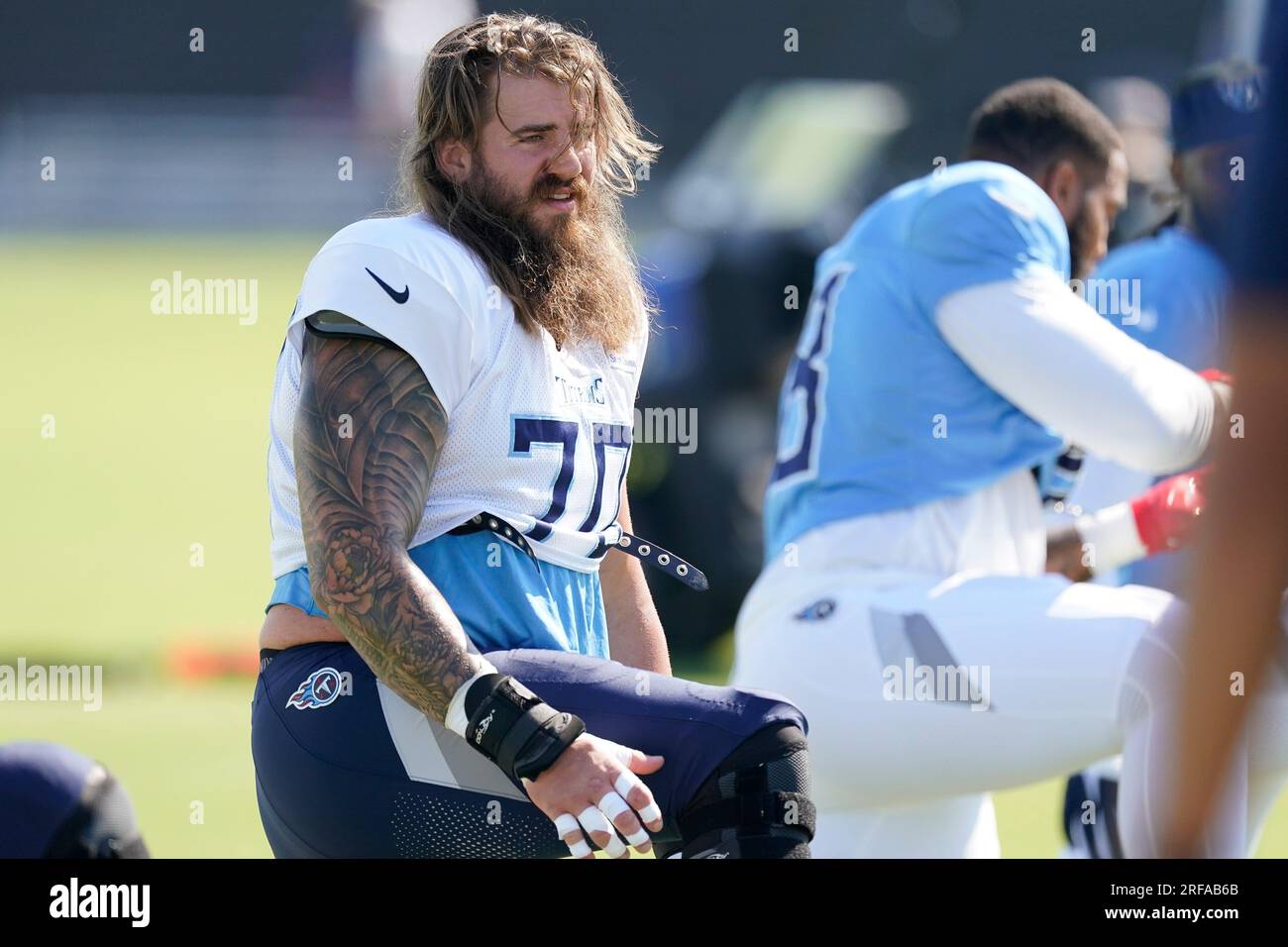 Tennessee Titans guard Jordan Roos stretches during an NFL football  training camp practice Tuesday, Aug. 1, 2023, in Nashville, Tenn. (AP  Photo/George Walker IV Stock Photo - Alamy
