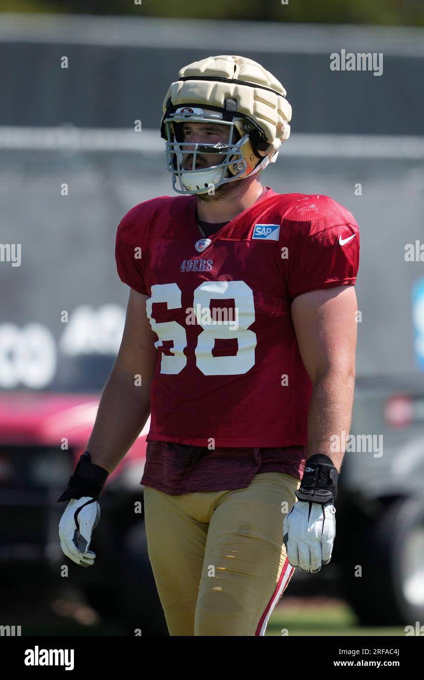 San Francisco 49ers offensive tackle Spencer Burford (74) takes part in  drills during the NFL team's football training camp in Santa Clara, Calif.,  Tuesday, Aug. 1, 2023. (AP Photo/Jeff Chiu Stock Photo - Alamy