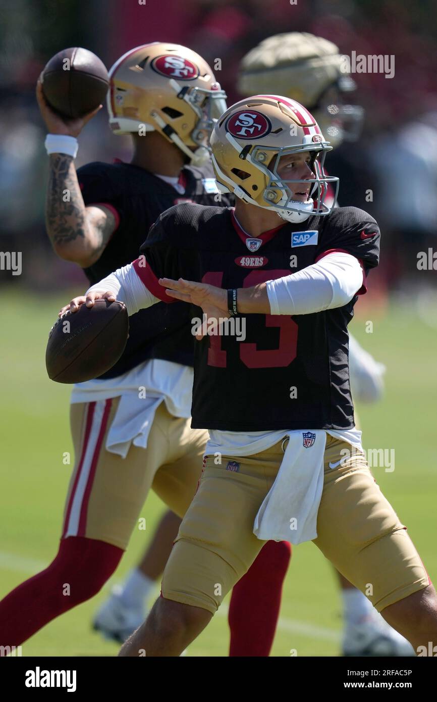 San Francisco 49ers' Trey Lance takes part in drills at the NFL