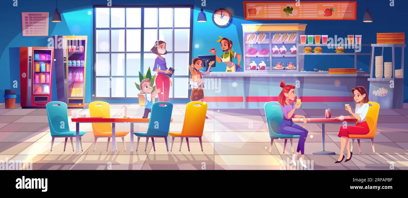 School canteen for kid student eat meal vector cartoon illustration. College kitchen room with child in queue and staff. Cafe interior design for pupi Stock Vector