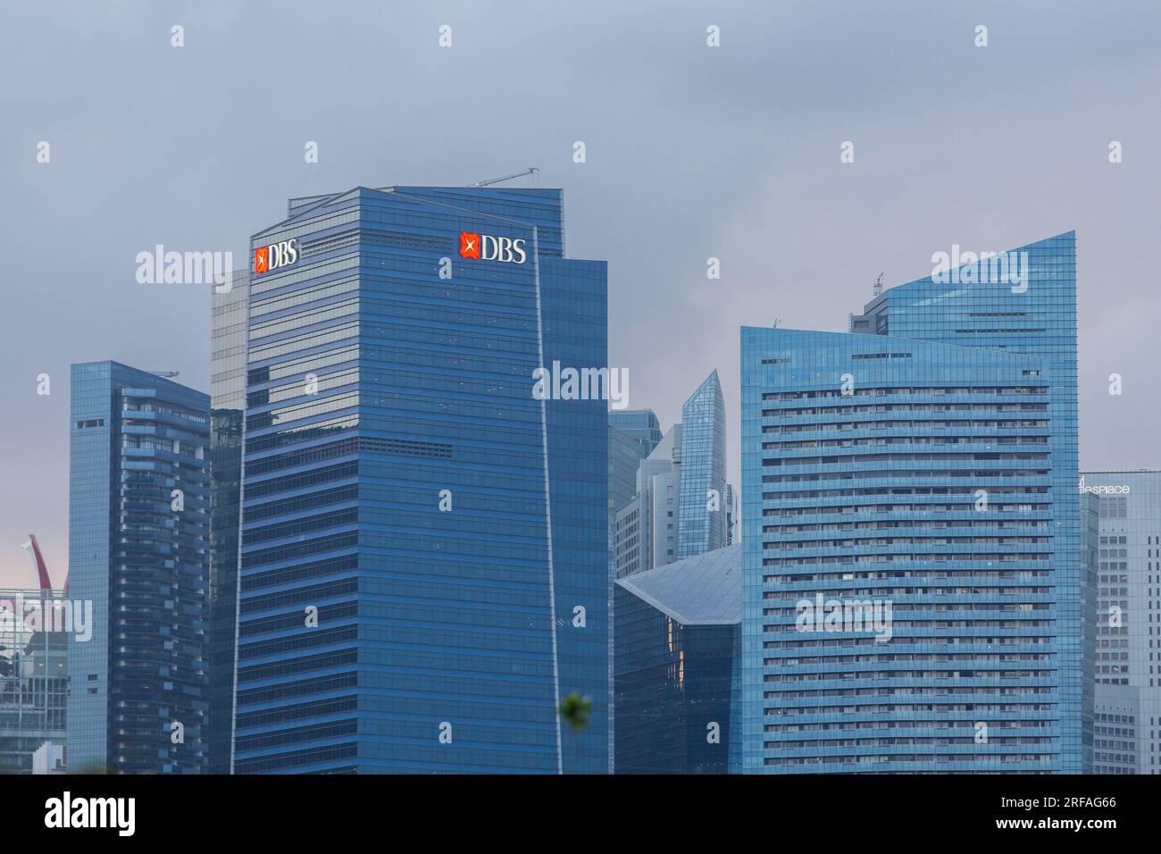 DBS logo from far at Marina Bay Financial Centre, Singapore Stock Photo