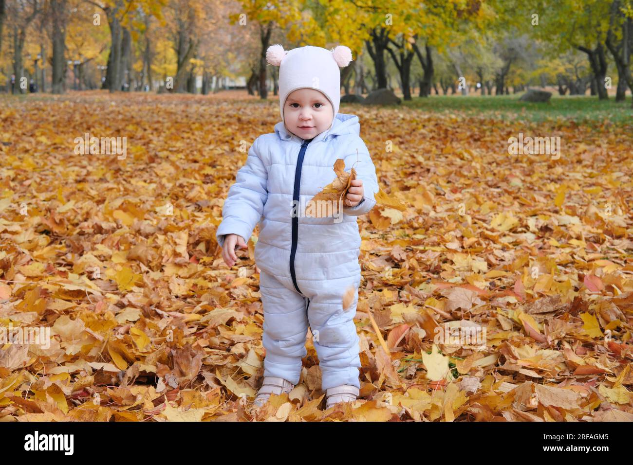 Beautiful little girl in blue overalls in autumn park. Horizontal photo Stock Photo