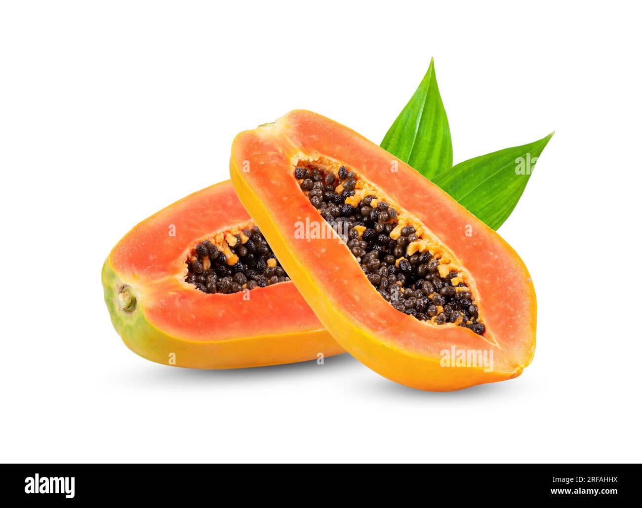 Papaya slice with leaf isolated on white background. papaya Stock