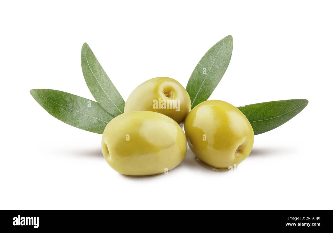 Olives with leaves, Olea europaea fruit, Olives on white background. 