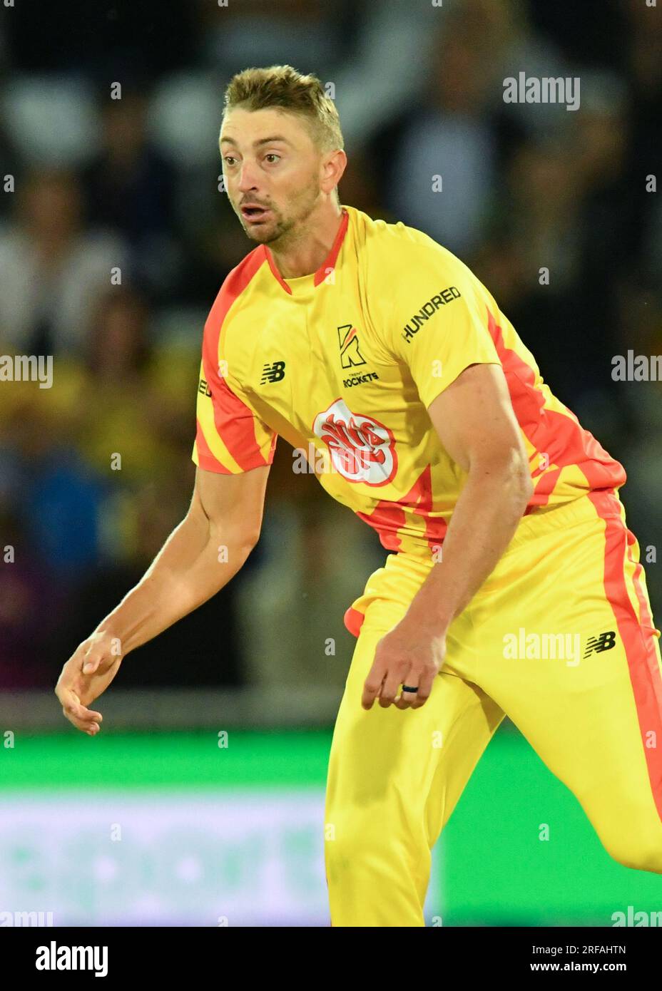 01 August 2023 - Trent Bridge Cricket Ground, Nottingham.  Event: The 100 Double Header (Mens and Women’s): Trent Rockets v Southern Brave.  Caption: Daniel Sams (Trent Rockets) bowls and seals a win for Trent Rockets.  Picture: Mark Dunn/Alamy Live News (Sports) Stock Photo