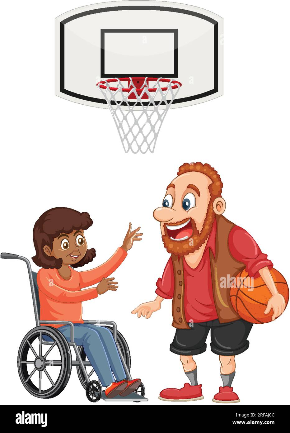 A man playing basketball with disable girl on a wheelchair illustration Stock Vector