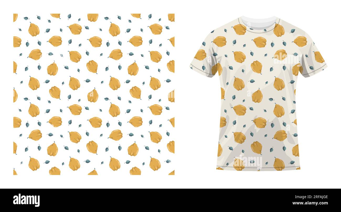Short sleeved cotton sports t shirt decorated seamless pattern with quince fruit whole and leaves. Exotic fruit party. Comfortable summer clothes. Vec Stock Vector