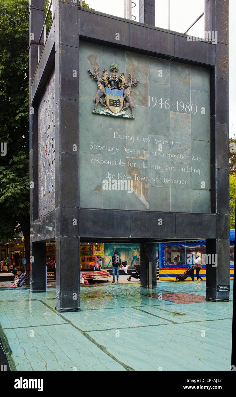 Fountain in the centre of Stevenage with detail about the planning and building of the new town Stock Photo