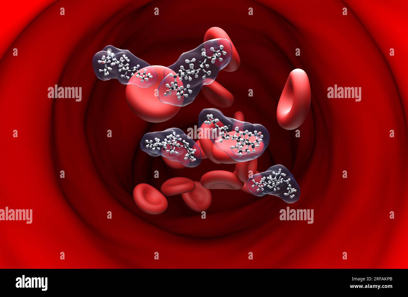 Vitamin D structure in the blood flow - ball and stick section view 3d illustration Stock Photo