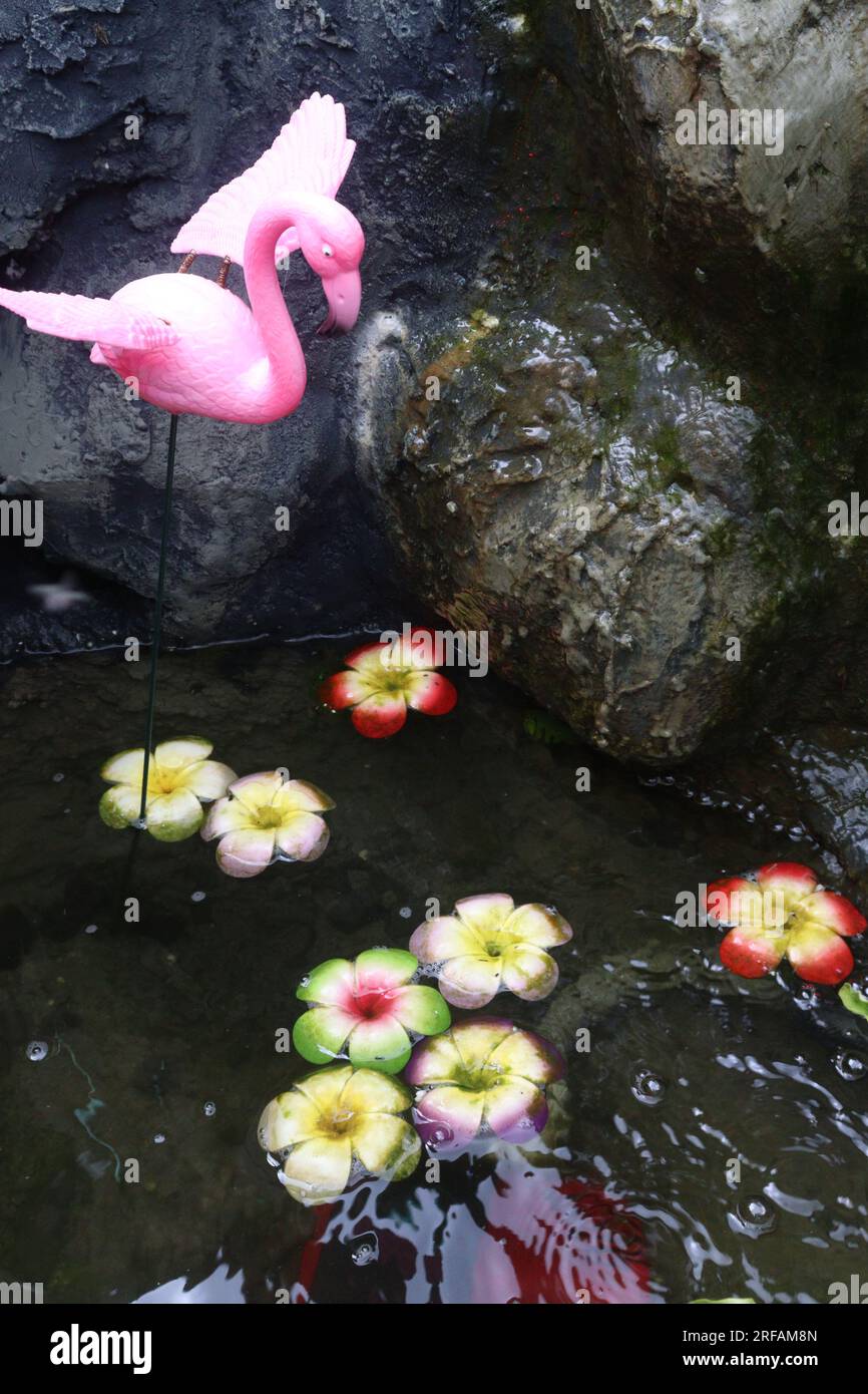 Small Artificial Rock Waterfalls on waterfall park Stock Photo
