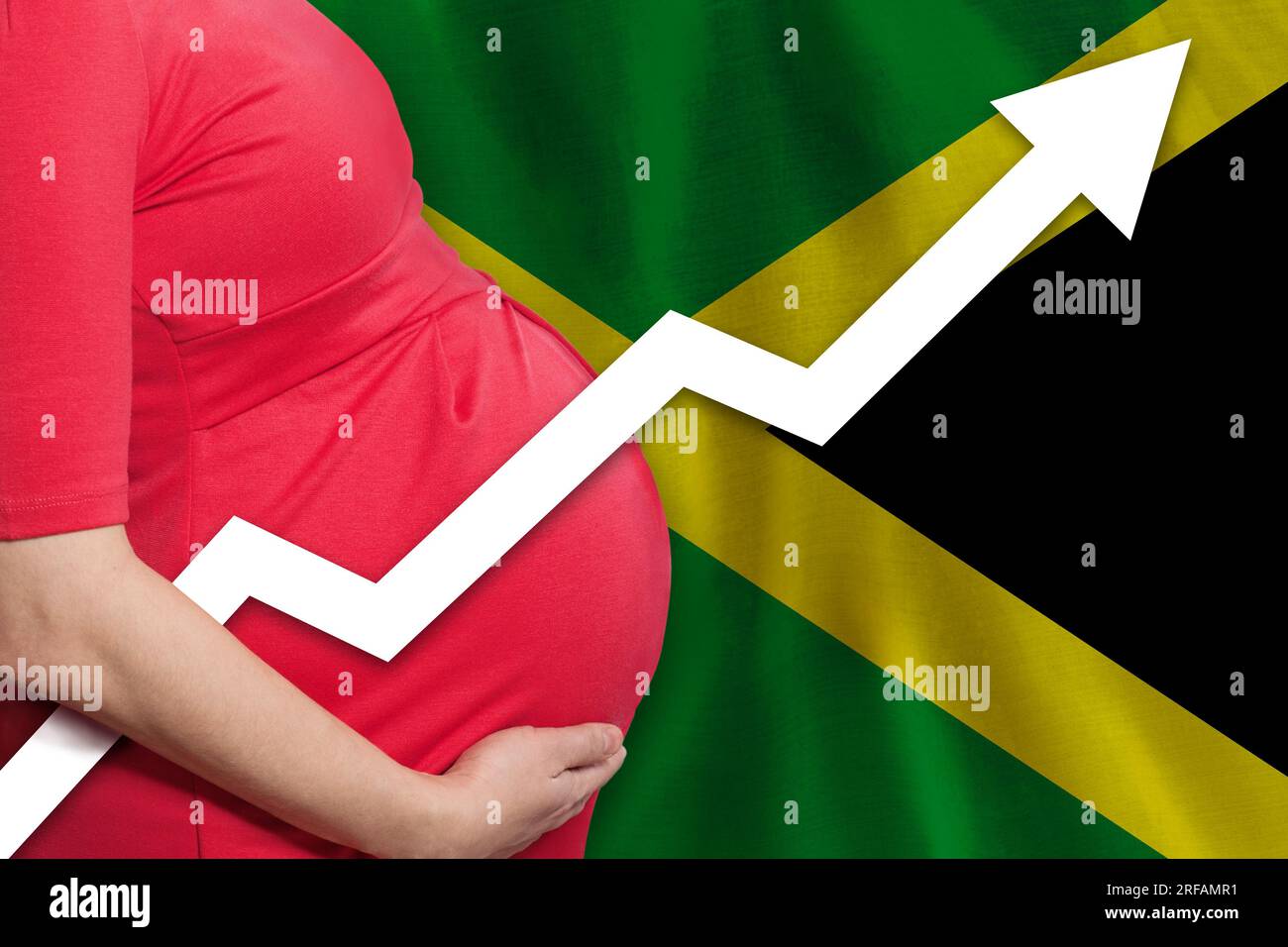 Pregnant woman on flag of Jamaica background. Birth rate up Stock Photo Alamy