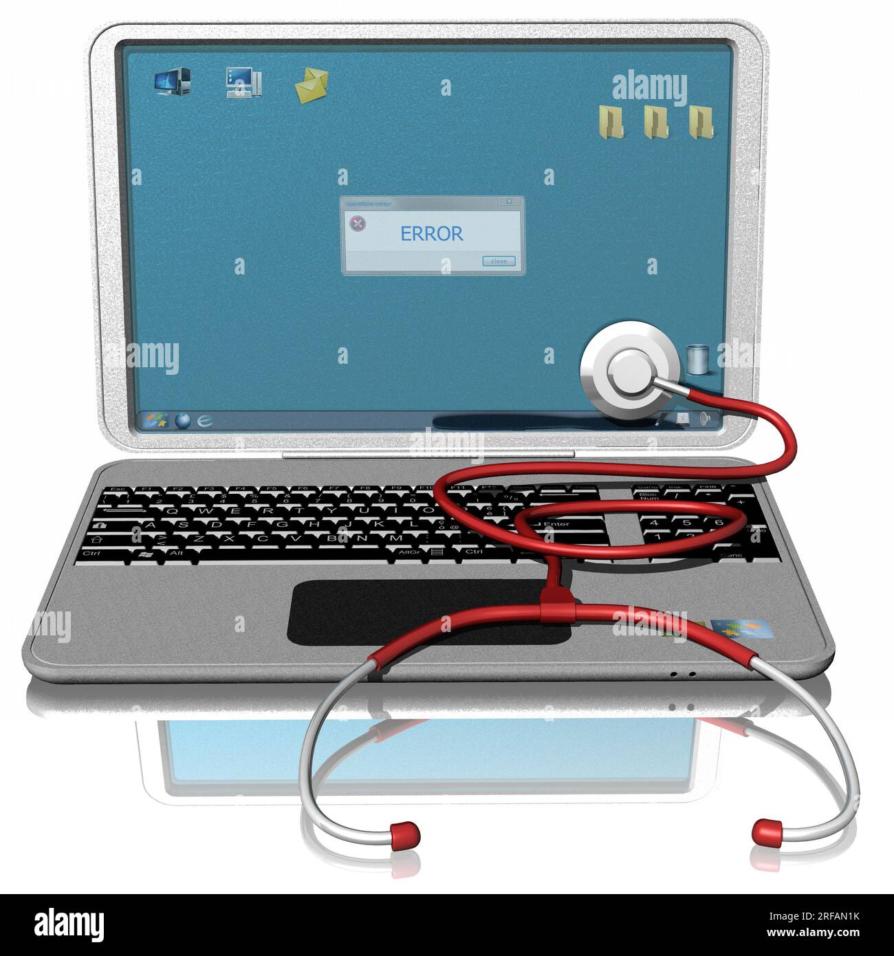 3D illustration. Laptop check up. Open gray laptop with stethoscope for function check concept. Stock Photo