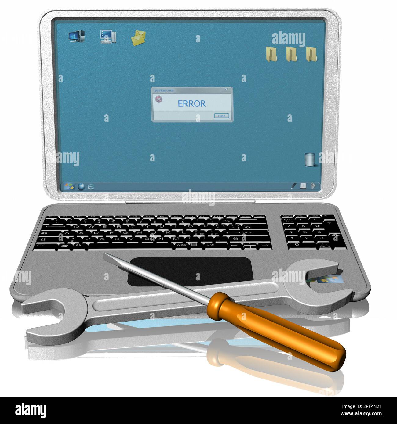 3D illustration. Open gray laptop. Concept for function check, repair. Symbol with wrench and screwdriver in the foreground. Stock Photo