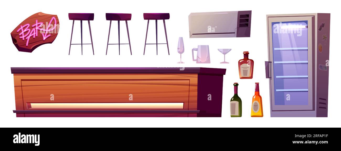 Restaurant bar counter interior vector cartoon set. Pub table for drink cocktail with high stool, fridge, air conditioning and glasses for alcohol. City nightclub neon illumination isolated clipart Stock Vector