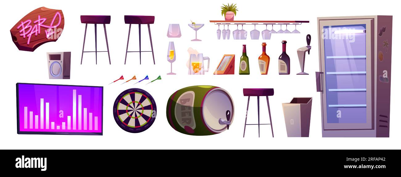 Cartoon set of bar interior elements isolated on white background. Vector illustration of pub furniture, cocktail glasses, bottles of alcoholic beverages, beer barrel, fridge, tv screen and darts Stock Vector