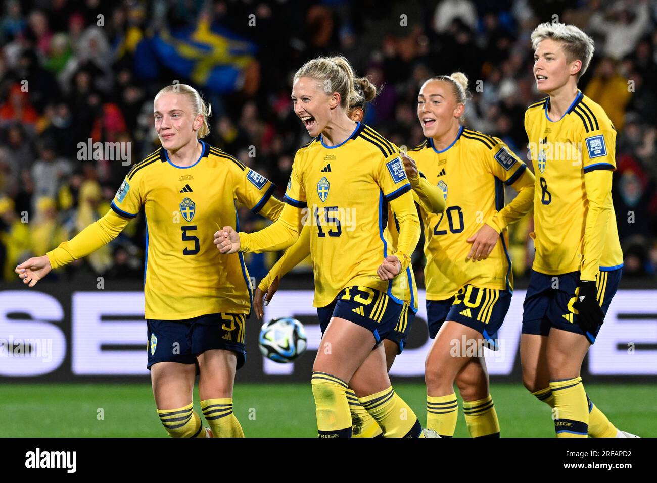 Sweden's Rebecka Blomqvist, second left, celebrates after scoring her ...