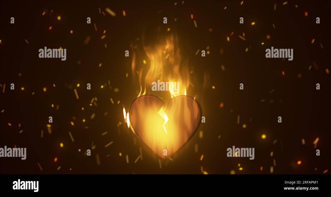 Abstract fiery burning in a flame loving heart broken from love with a  crack on the background of sparks Stock Photo - Alamy, image size:1300x775