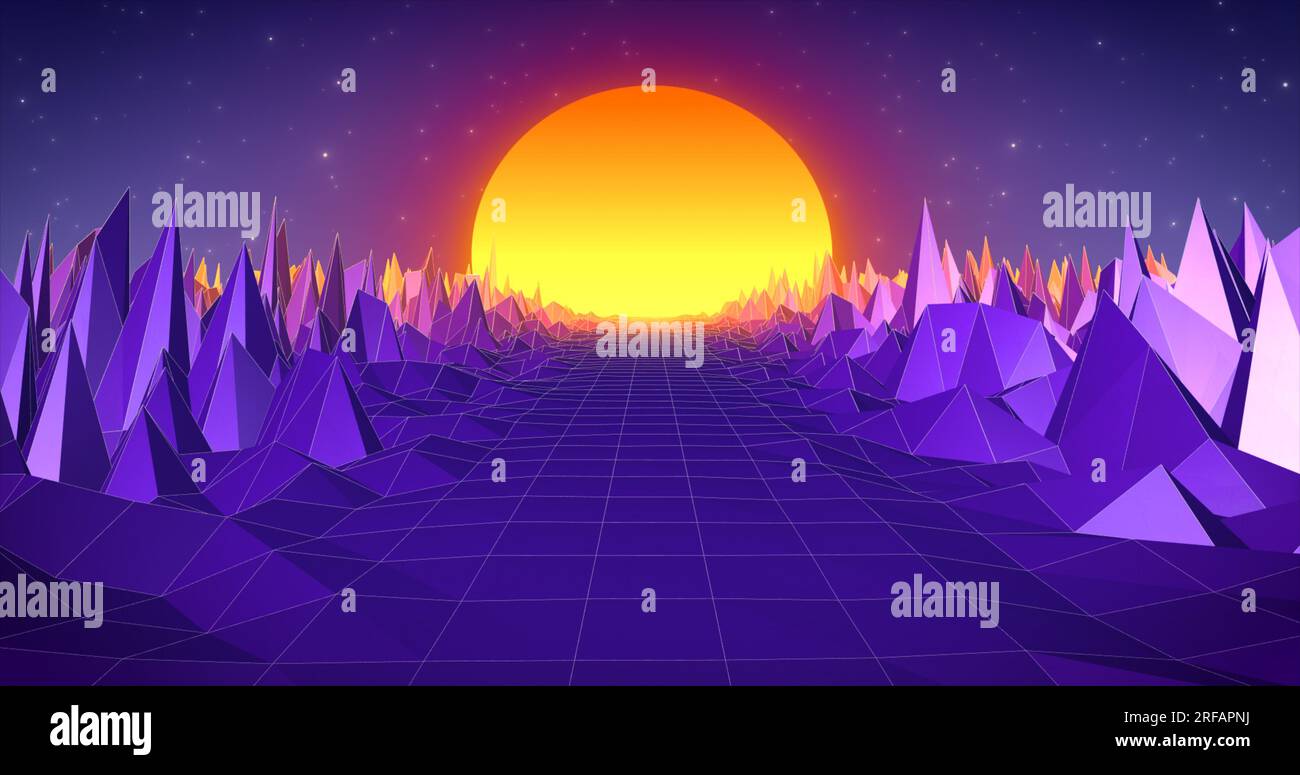 Abstract retro landscape in old style of 80s, 90s with road rocks mountains and sun, abstract background. Stock Photo