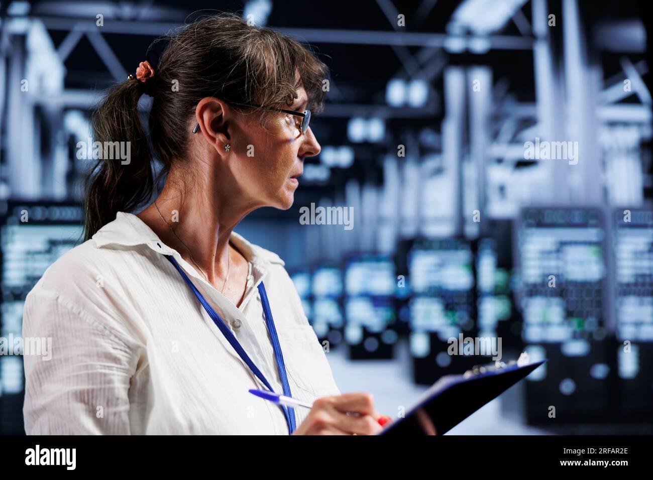 Senescent licensed IT admin inside high tech facility providing