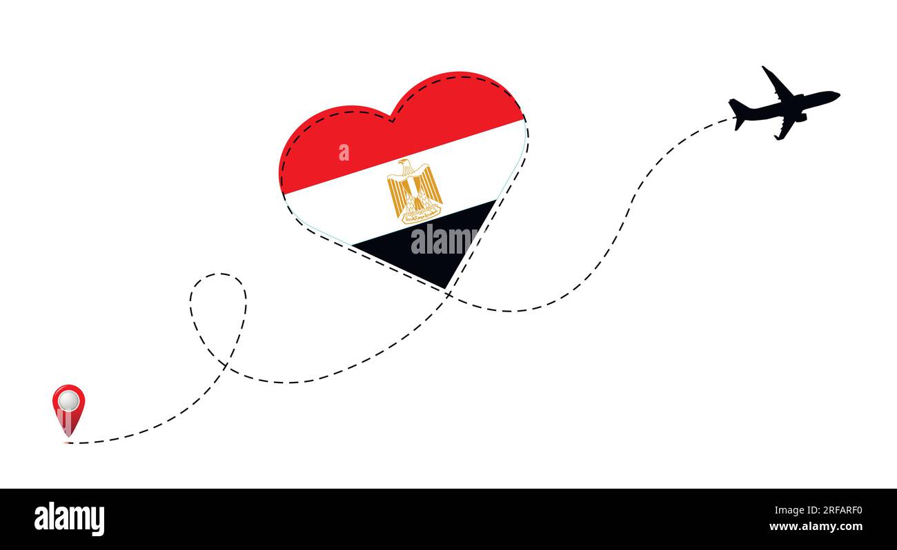 Airplane flight route with Egypt flag inside the heart. Stock Vector