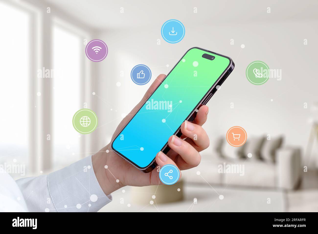 Phone in woman hand surrounded by famous social media app icons and concept network nodes Stock Photo