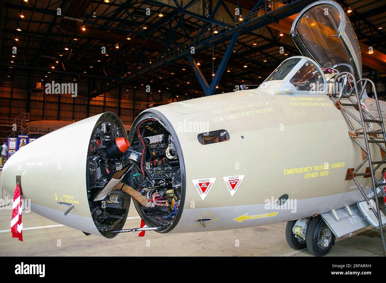 RAF Short Canberra PR9 XH135 vintage classic jet plane on display at RAF Waddington airshow, shortly before retirement. Navigator nose access open Stock Photo