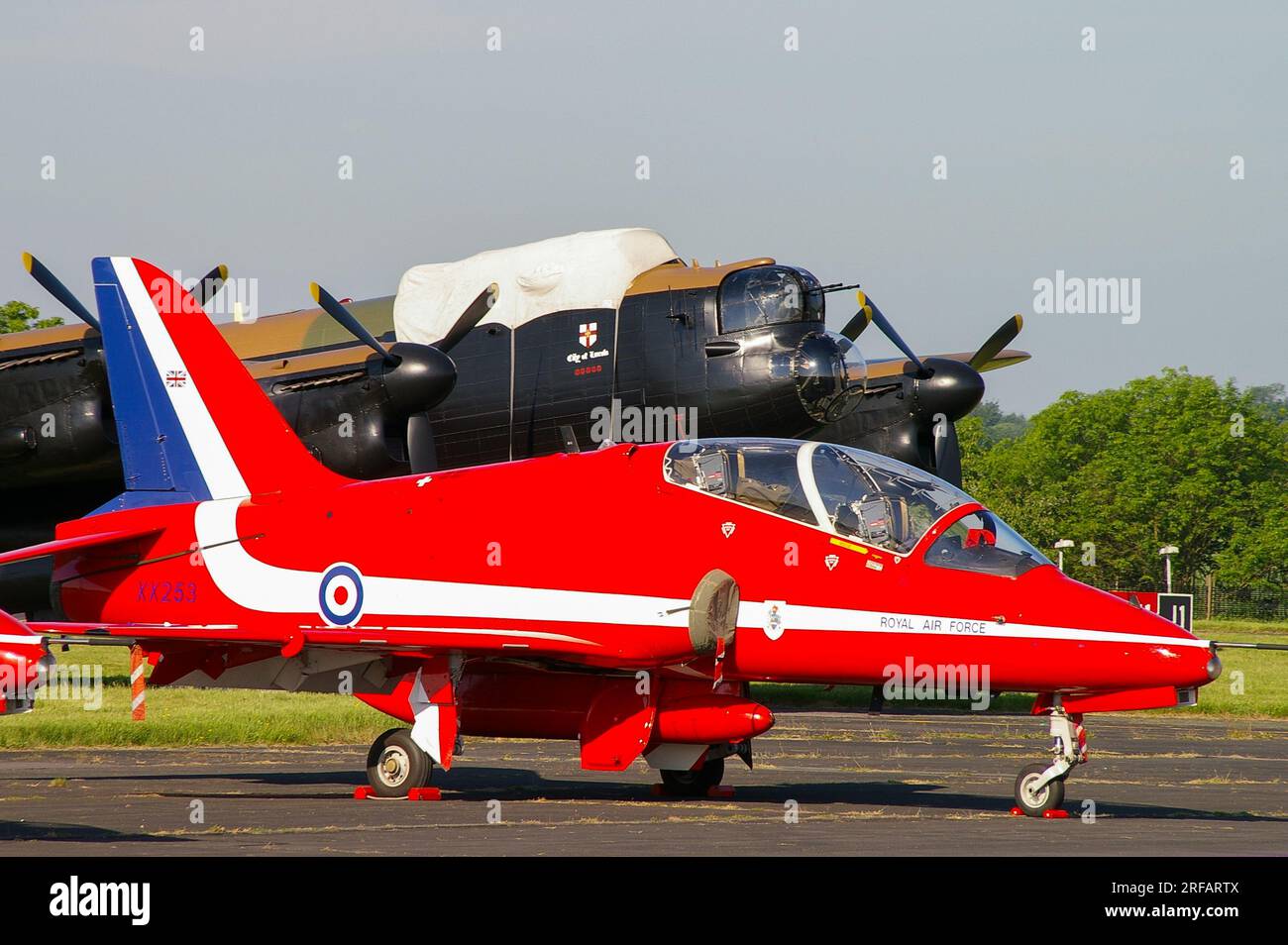 British Aerospace Hawk T1A jet plane XX253 of the Red Arrows parked at Biggin Hill, Kent, UK, ready to display. Aircraft damaged over Crete in 2010 Stock Photo