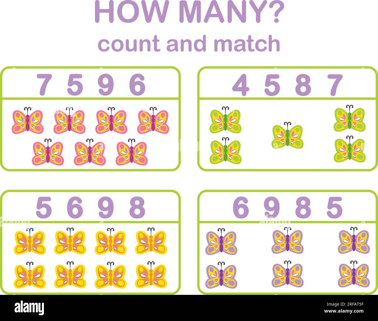 Math game for kids. Count cute butterflies. Printable worksheets Stock